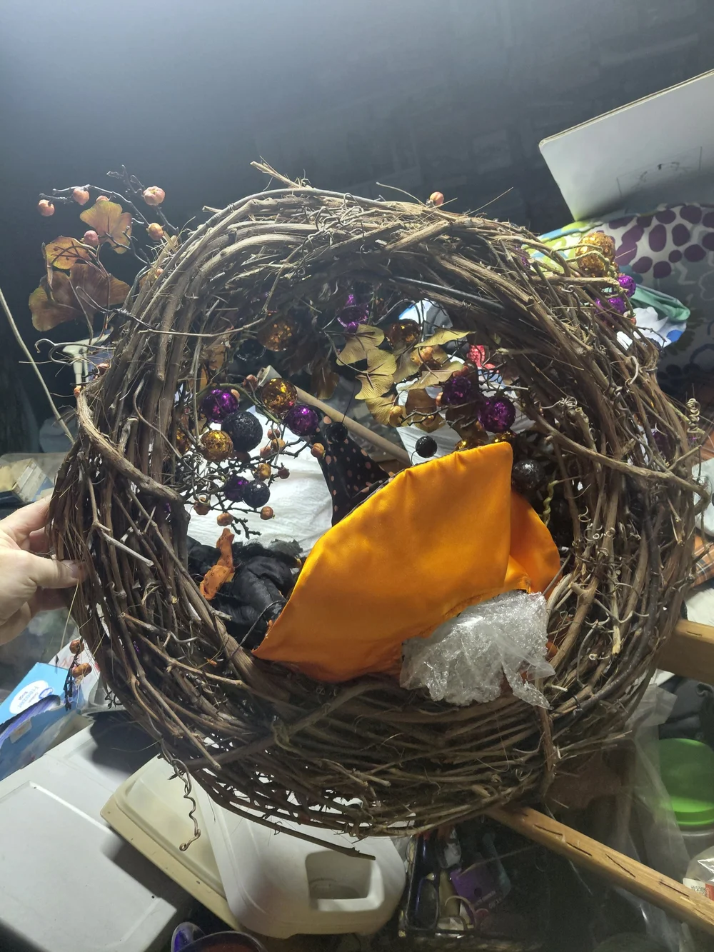 handcrafted witch hat Halloween wreath adorned with Casting A Spell Skull